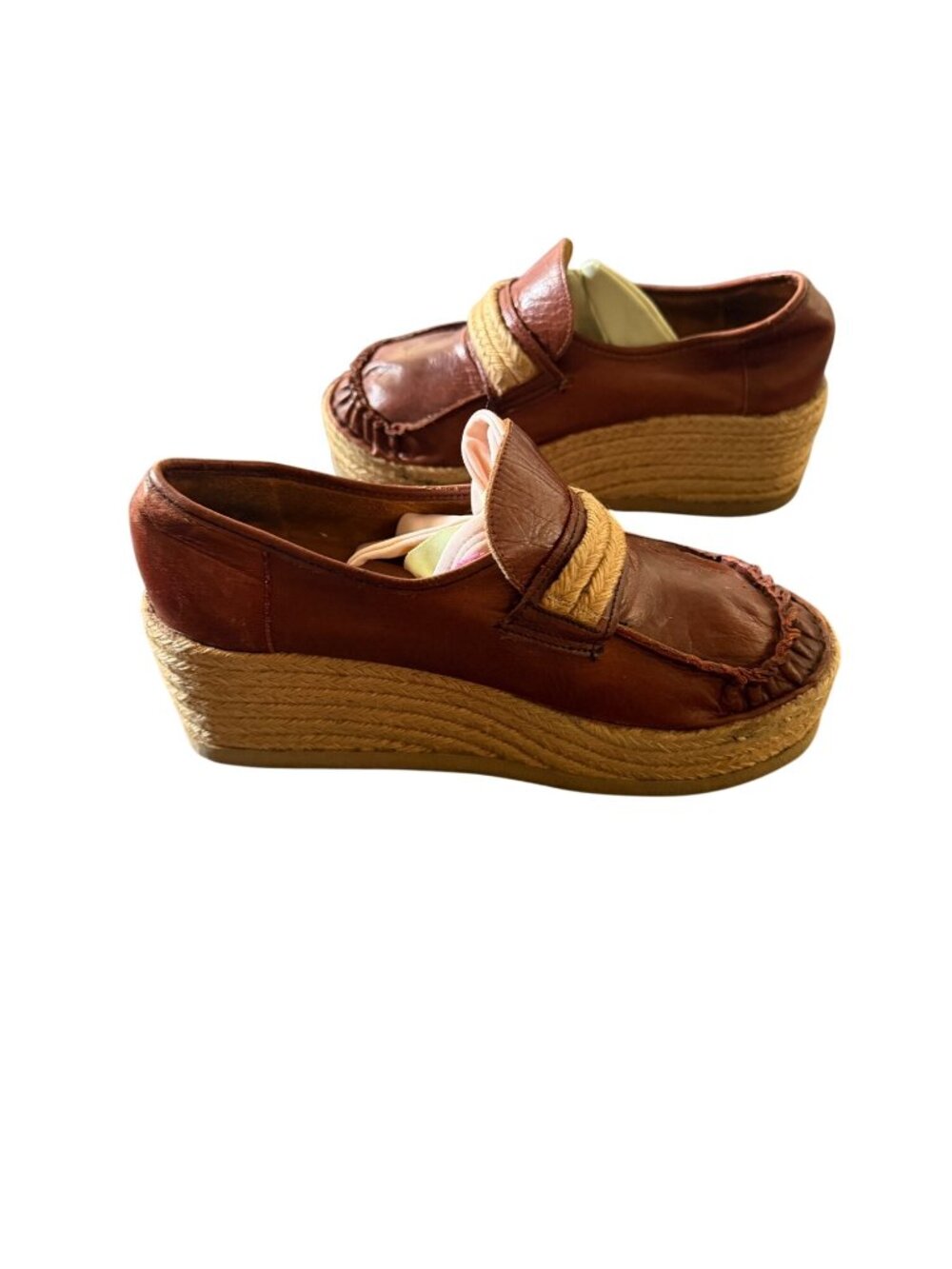 Vintage Sbicca Brown Leather Wedge Loafers With Braided Jute Trim Espadrille Sty - Picture 3 of 7